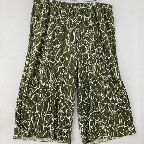 Rafaella sz 3X Green White Abstract Pleated Textured Wide Leg Pull-on Crop Pants - Picture 1 of 9